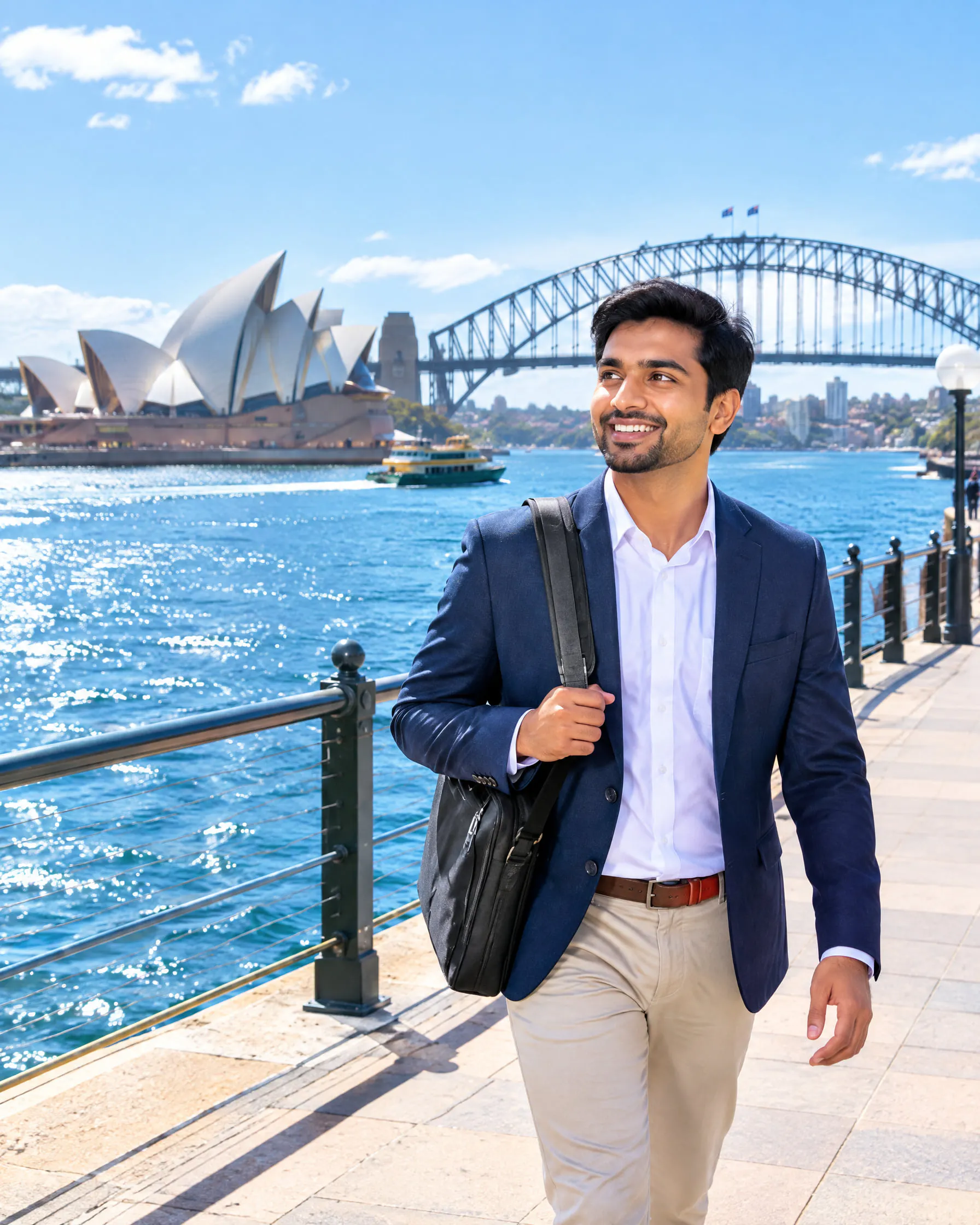 A professional walking along Sydney Harbour with the Opera House and Harbour Bridge behind him