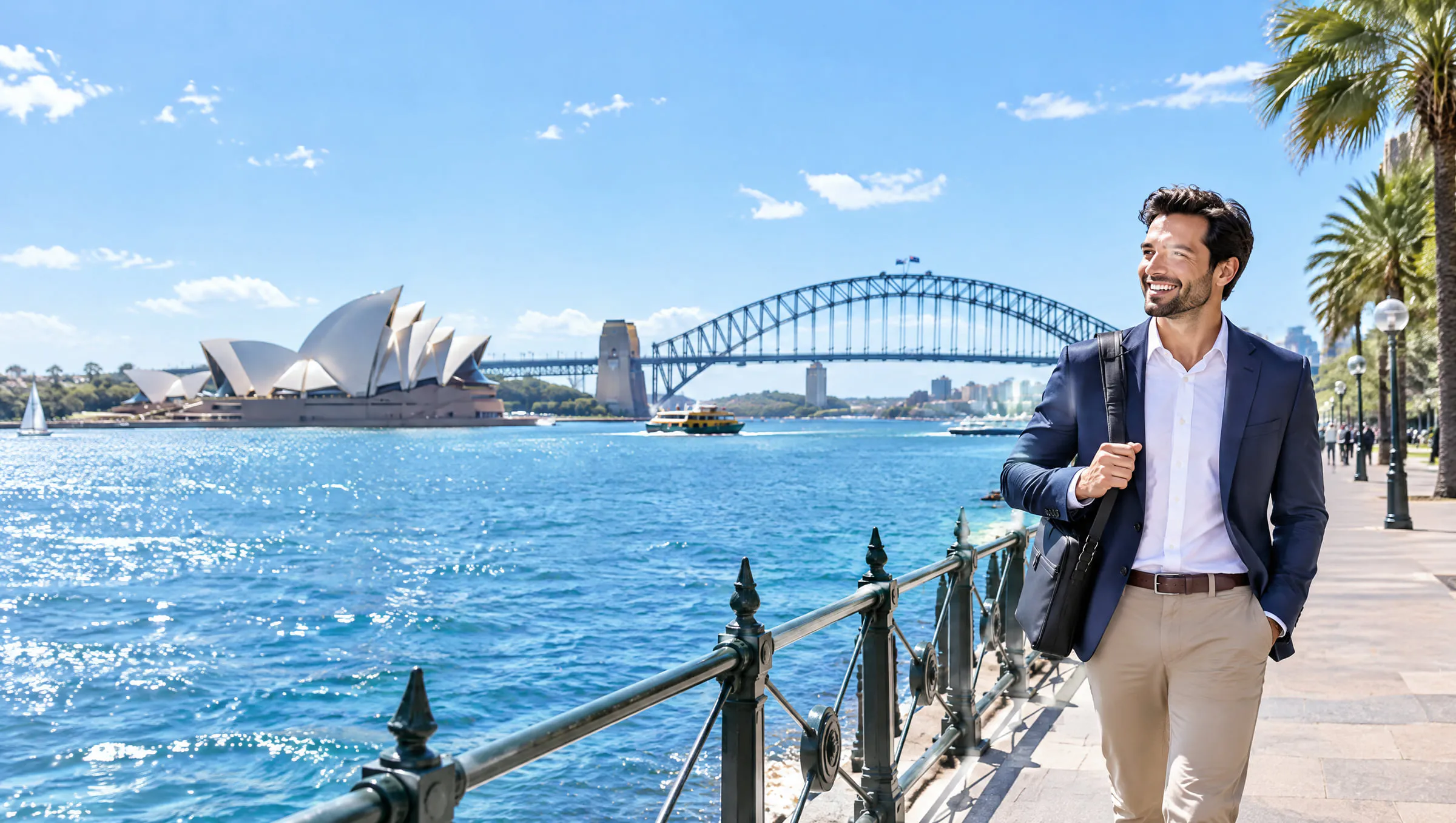 A professional walking along Sydney Harbour with the Opera House and Harbour Bridge behind him