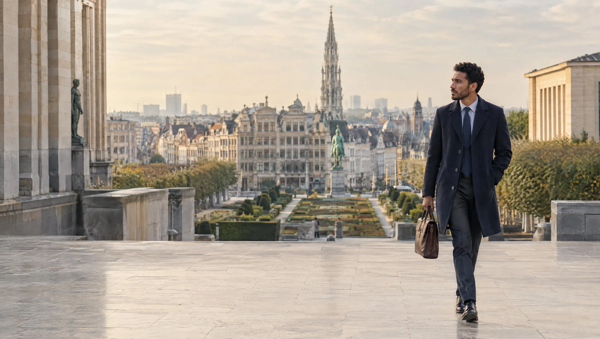 A professional walking near the Mont des Arts in Brussels in the morning