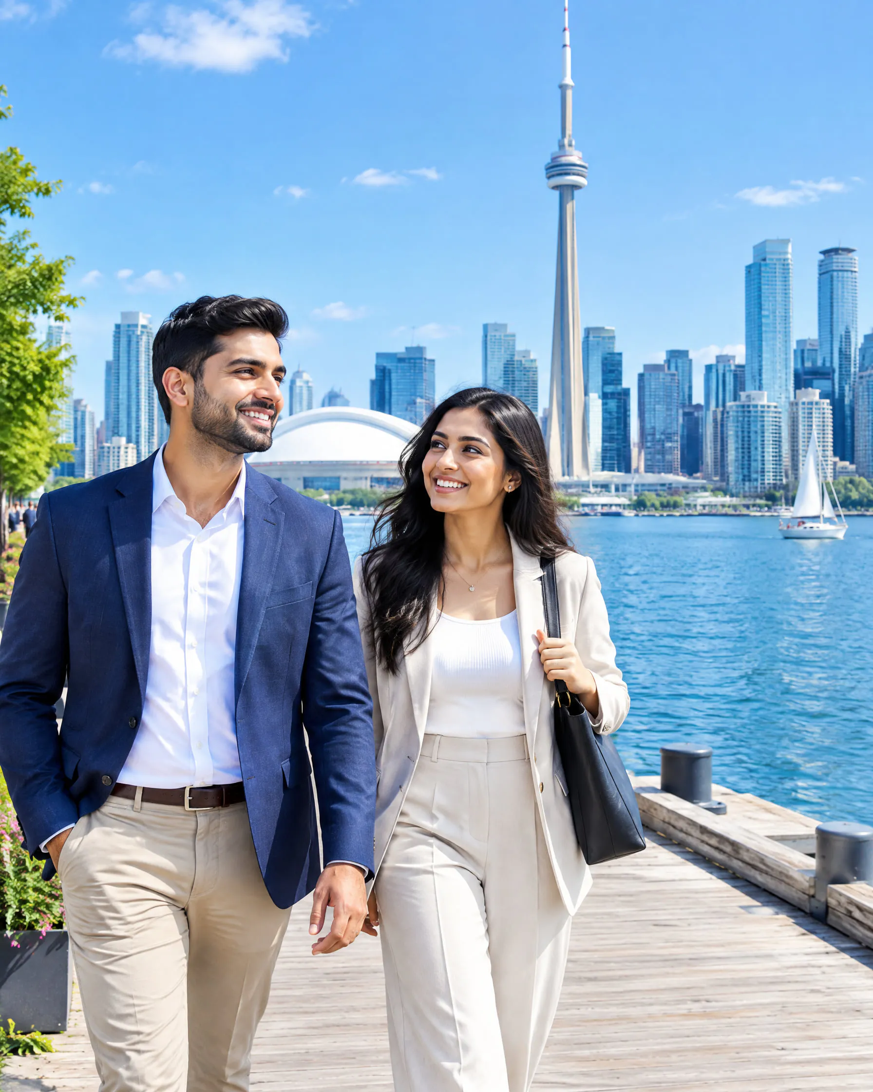 A professional couple walking along the Toronto waterfront with the CN Tower behind them