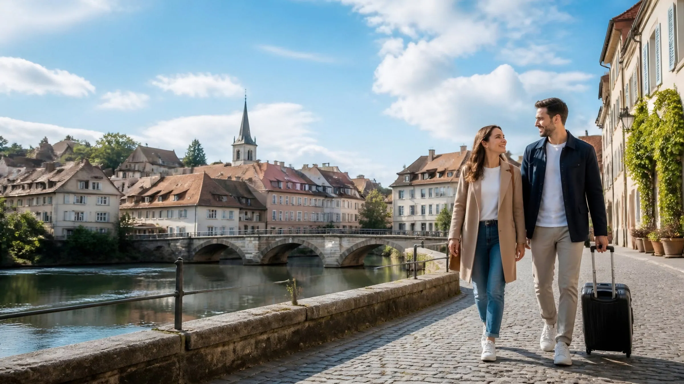 A couple with a suitcase walking along a riverside promenade in a European old town