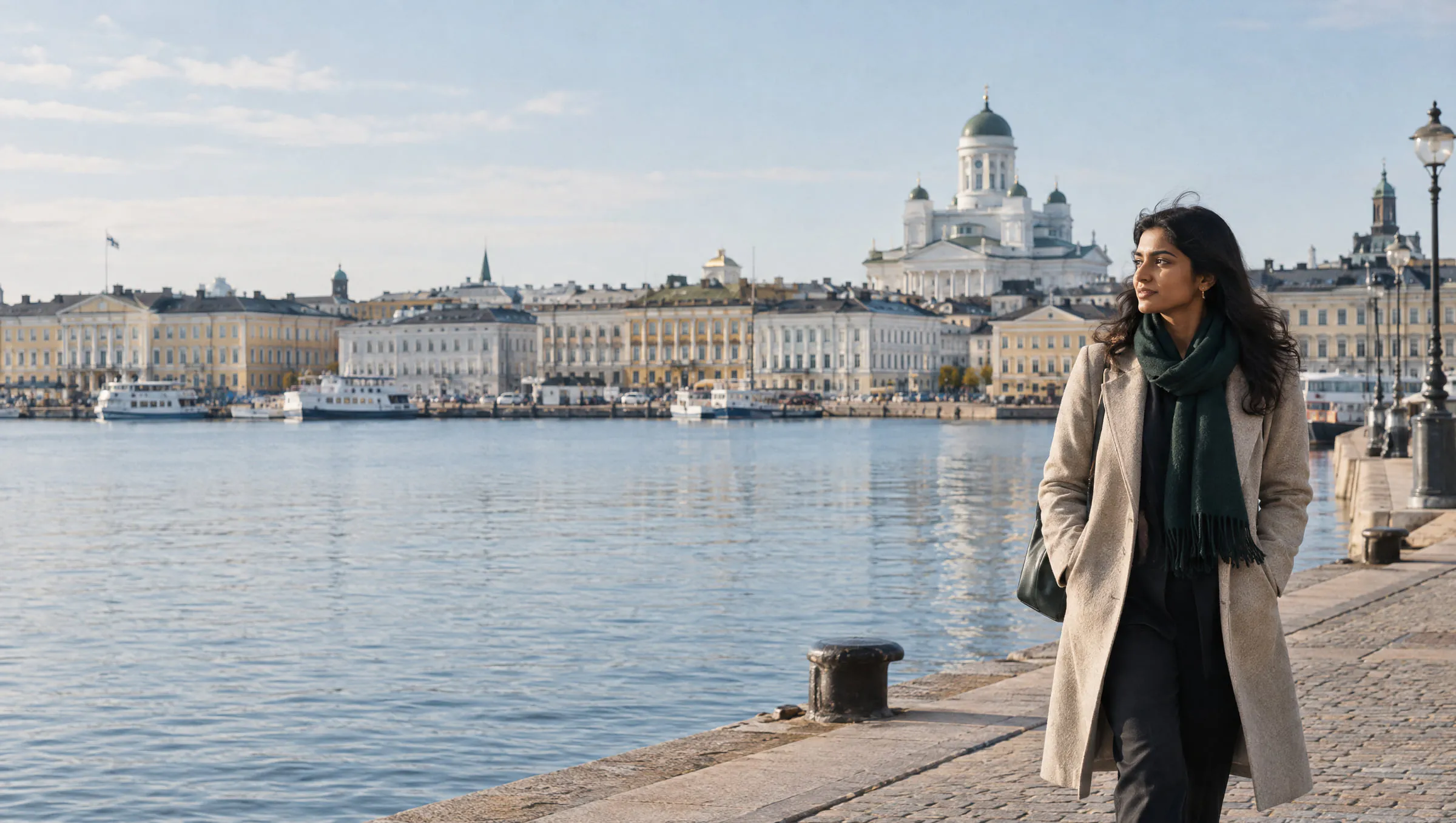 A professional walking along the Helsinki waterfront in the morning