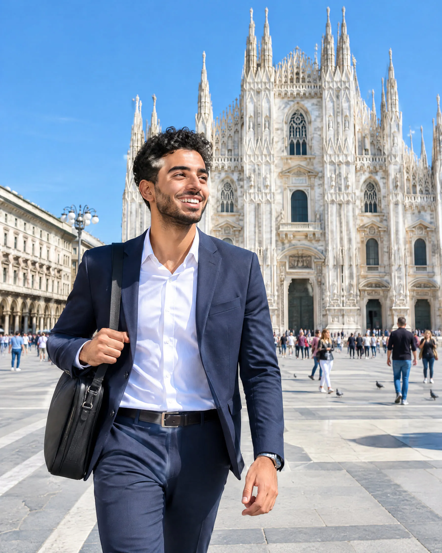 A professional walking across the piazza in front of Milan Cathedral