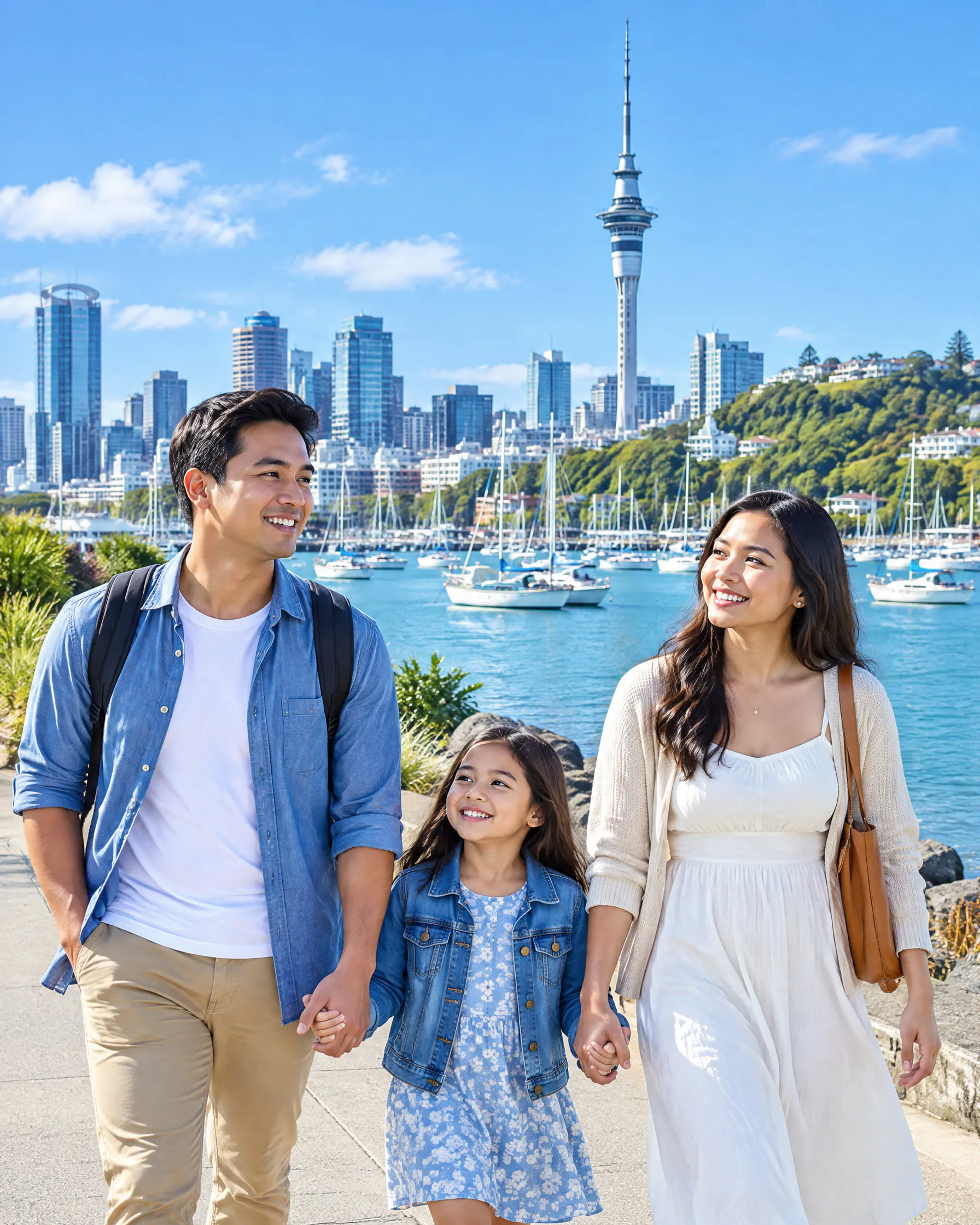 A family walking along the Auckland waterfront with the Sky Tower in the distance