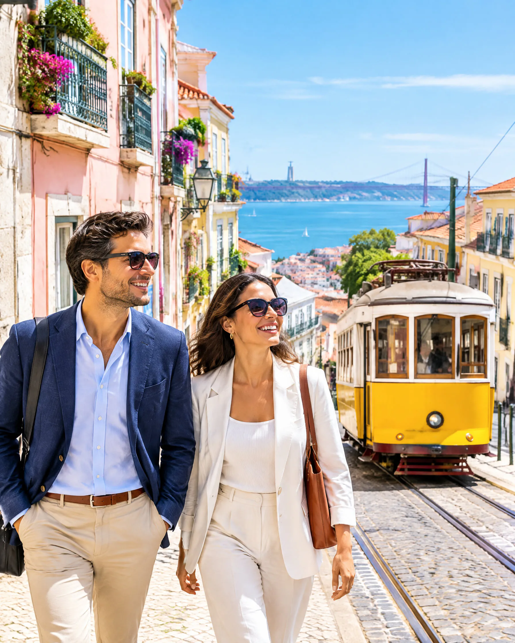 A couple walking beside a yellow tram on a sunny street in Lisbon