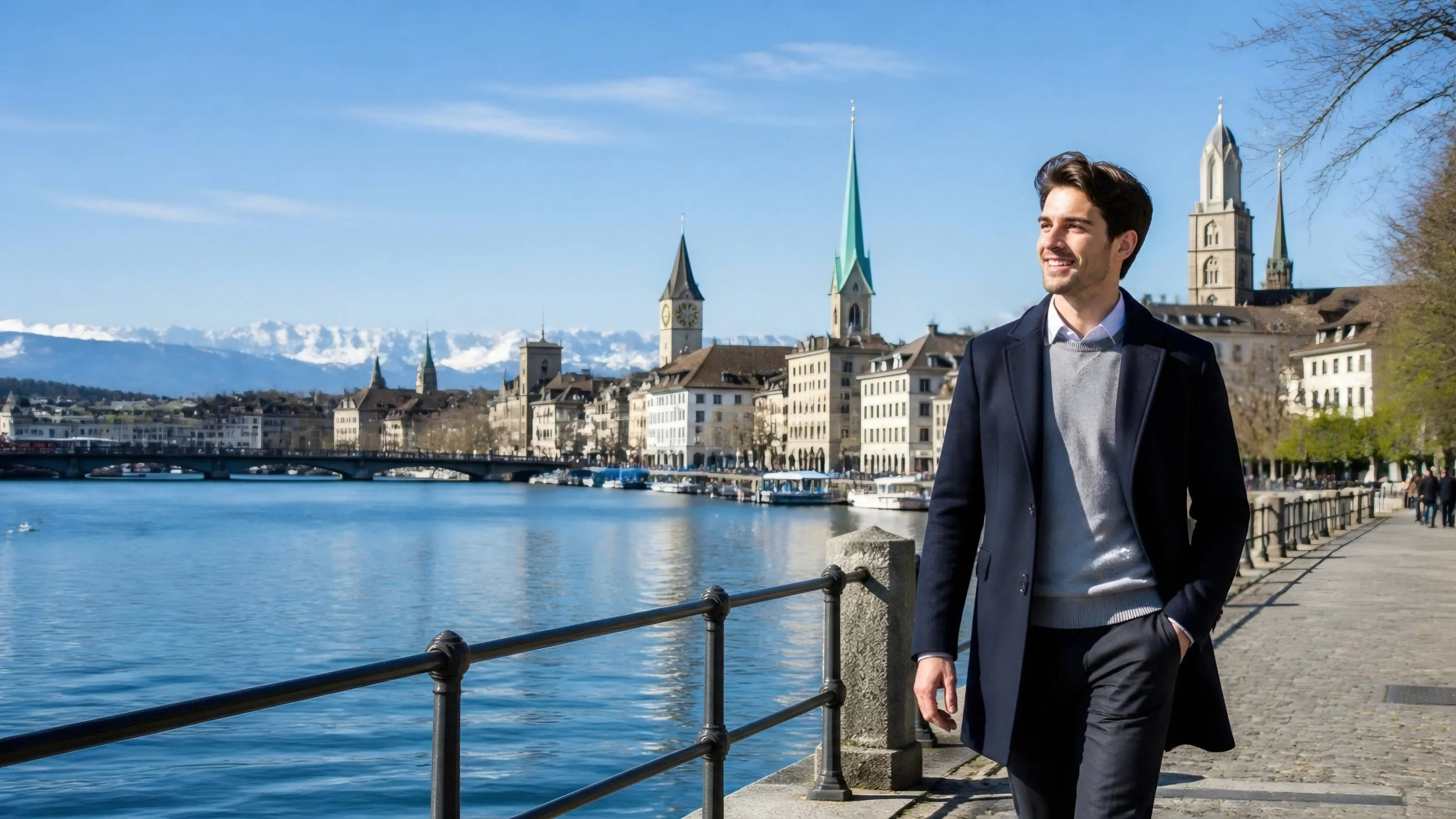 A professional walking along Lake Zurich with the Alps in the distance