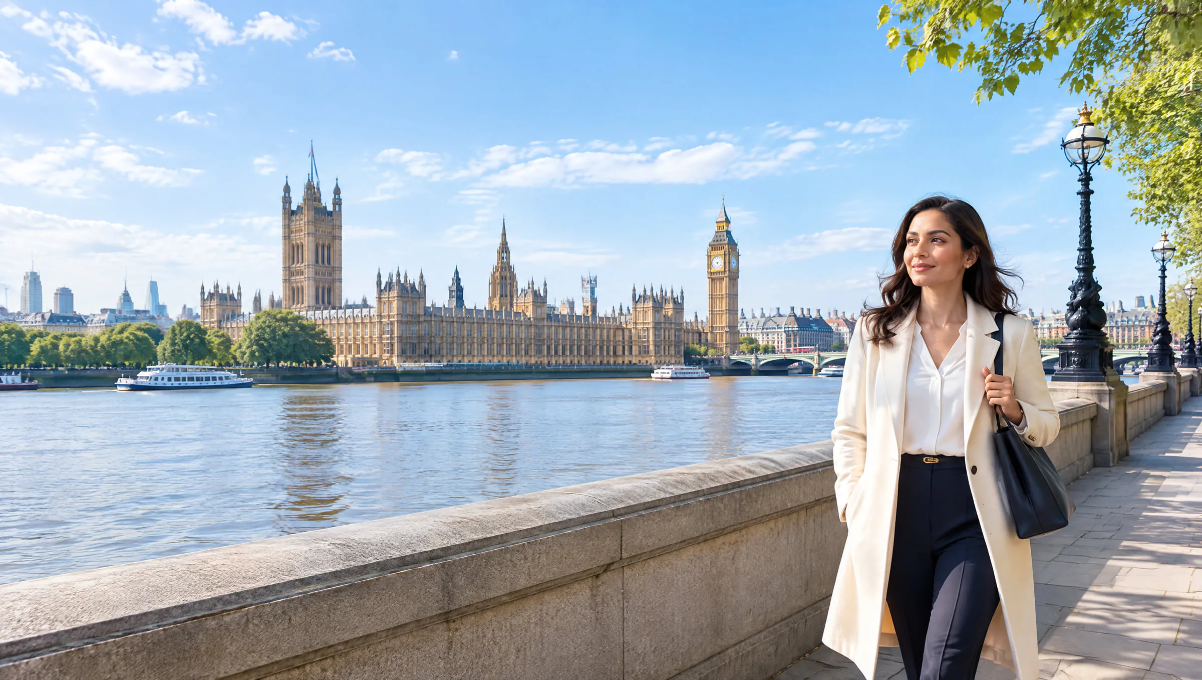 A professional woman walking along the South Bank with the Houses of Parliament across the Thames