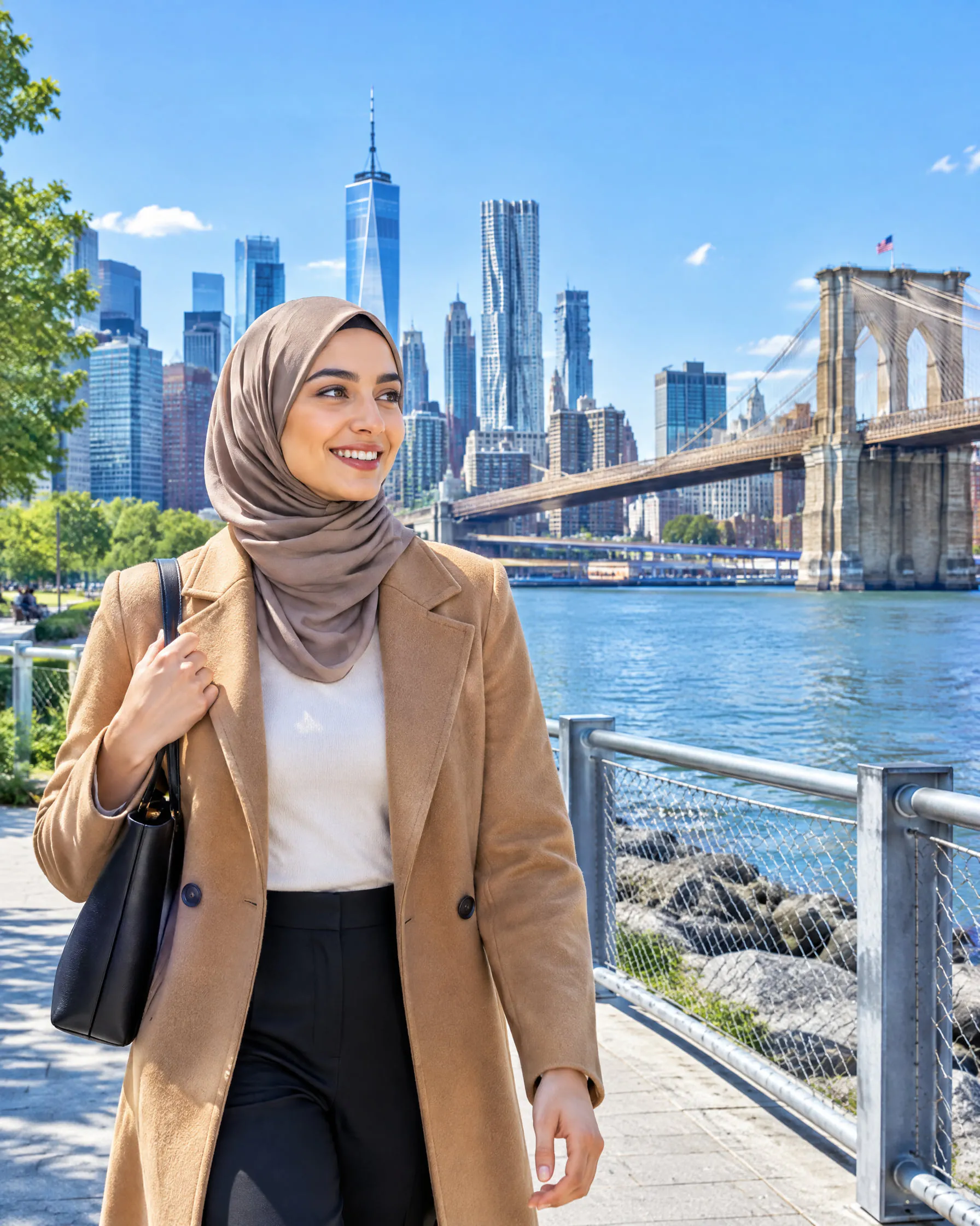 A professional woman walking in Brooklyn with the Manhattan skyline and Brooklyn Bridge behind her