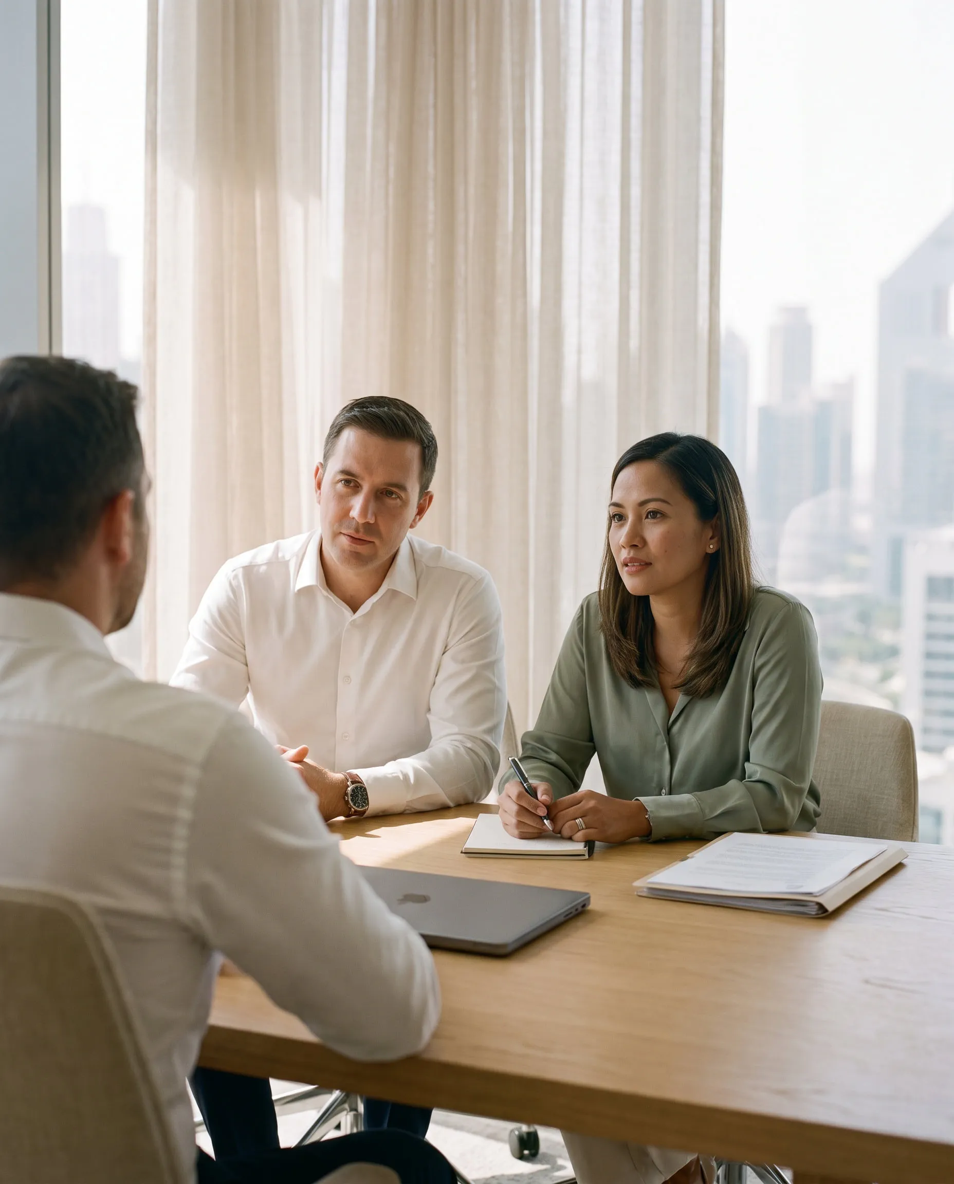 A couple in a consultation with an adviser at an oak table in a bright Dubai office