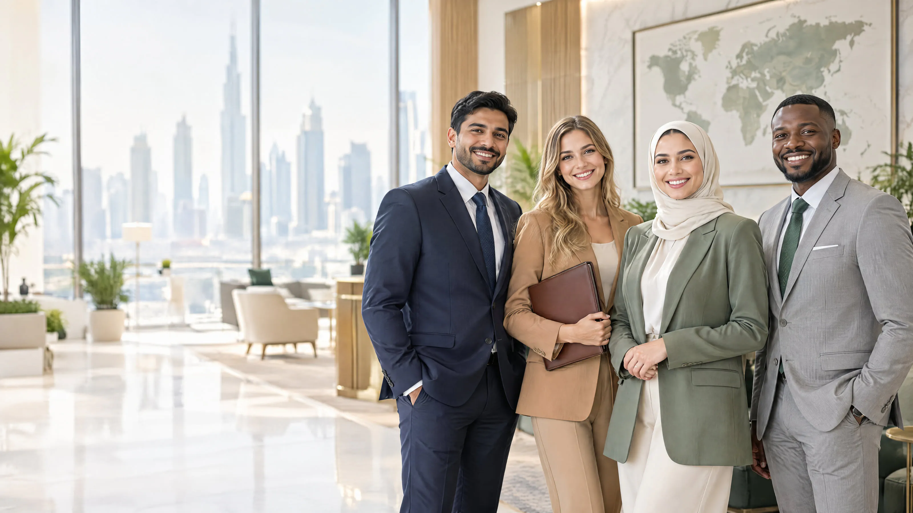 Four immigration consultants standing together in a bright office with a city skyline and a world map behind them