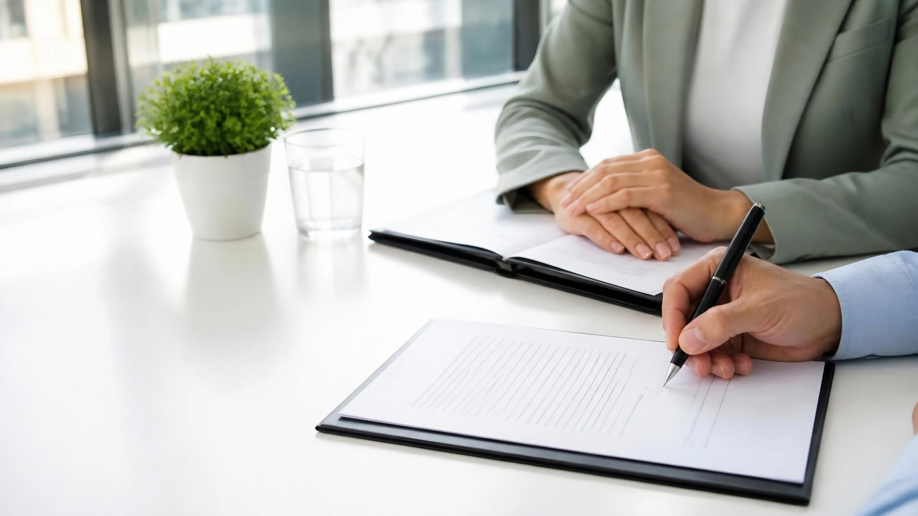 A client signing a printed service agreement at a white desk beside a consultant
