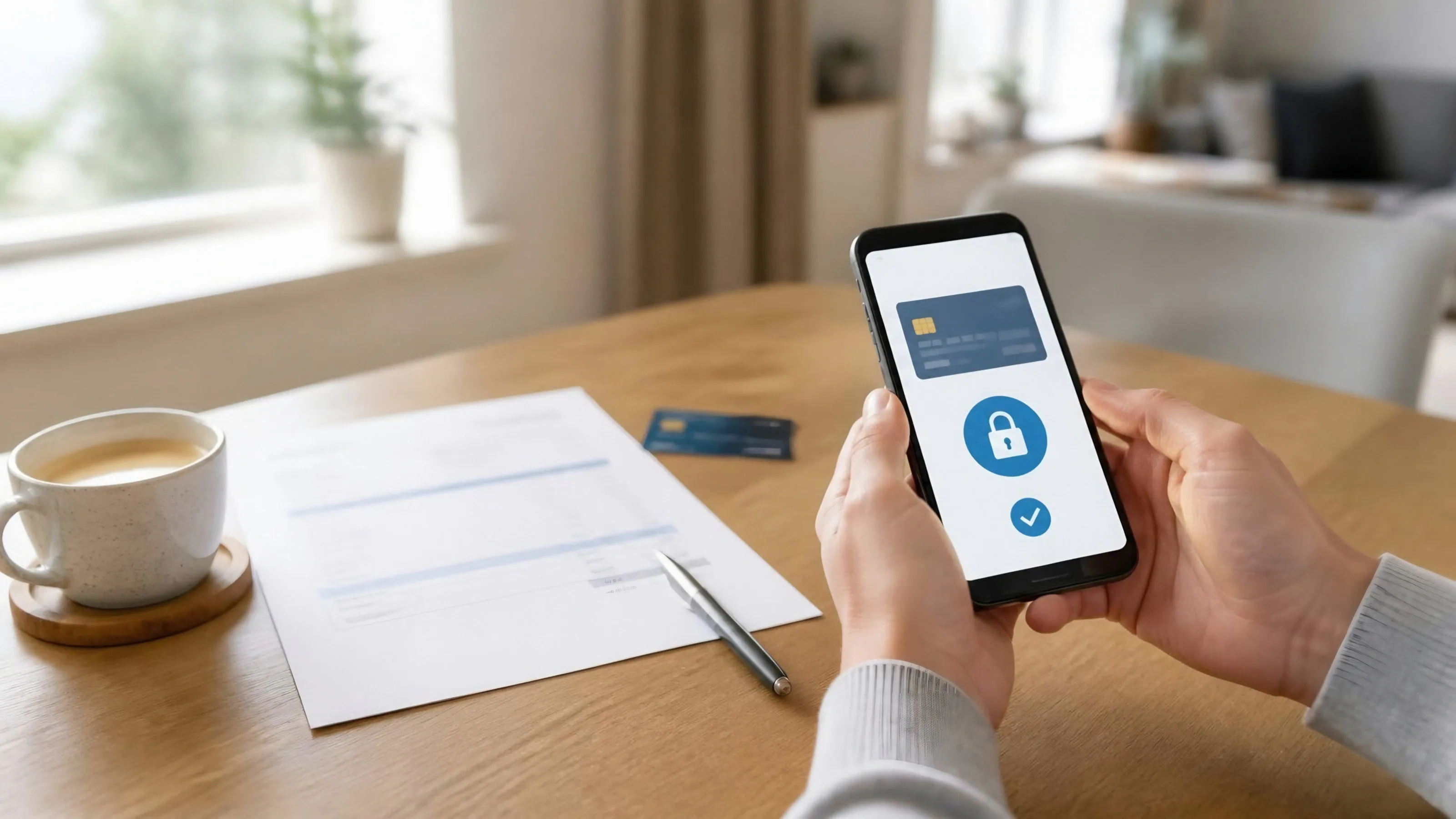 Hands holding a smartphone showing a secure payment screen beside an invoice and a bank card