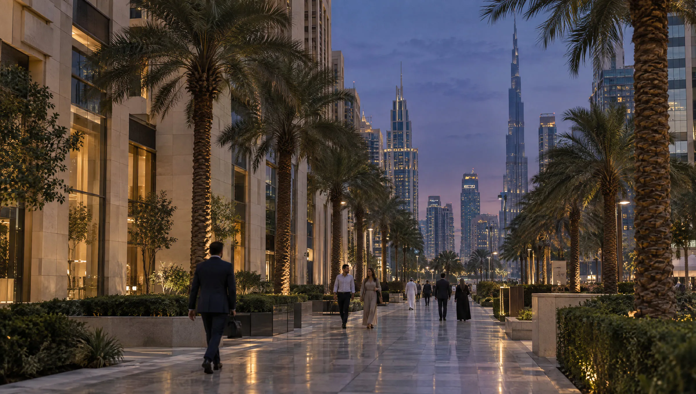 A pedestrian boulevard in Dubai at dusk