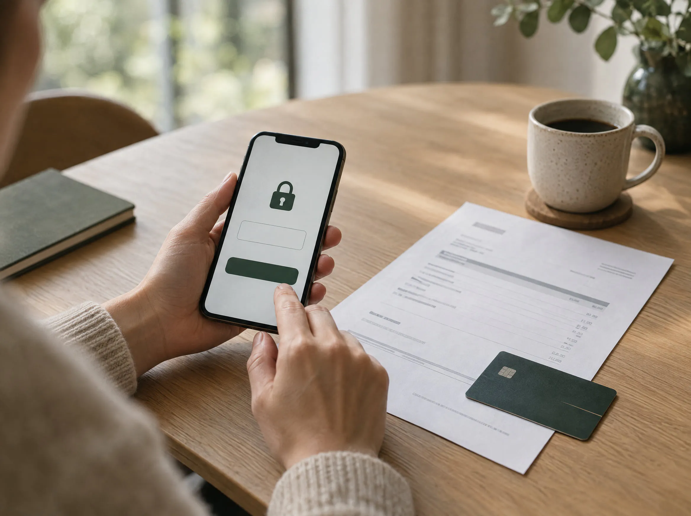 A person paying securely by smartphone with an invoice and card on the table