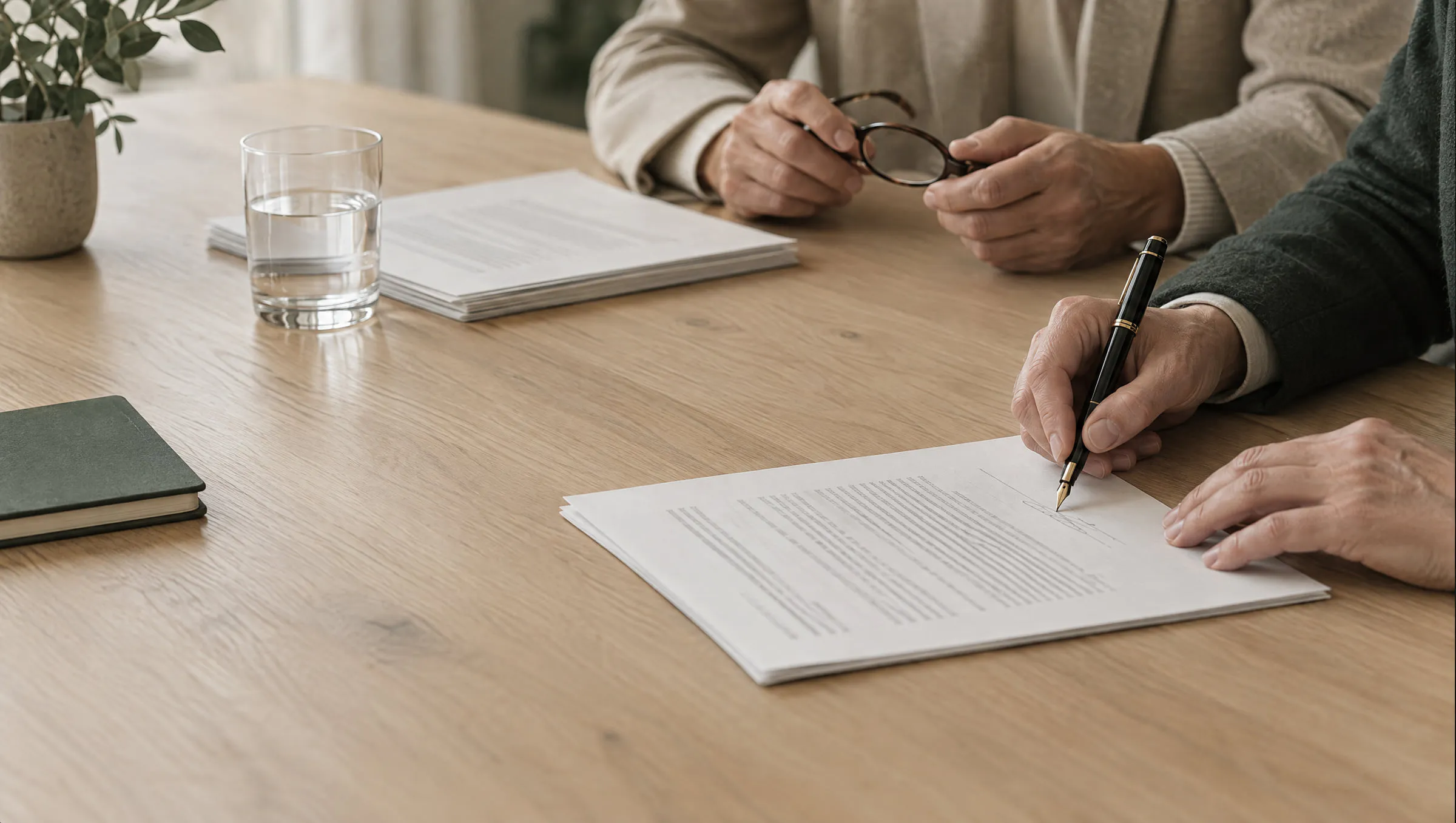 Hands signing a service agreement at an oak table