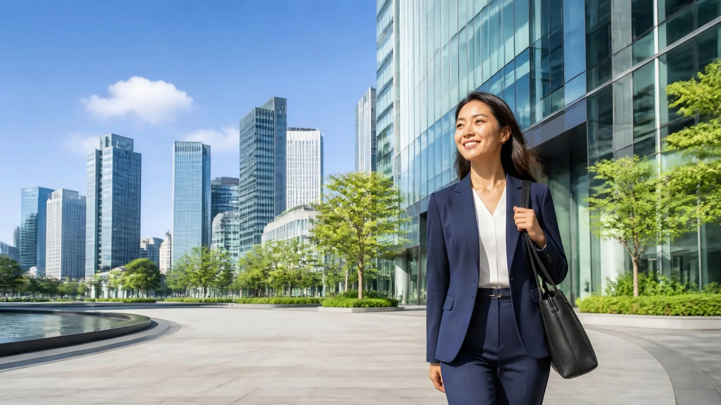 A young entrepreneur walking through a modern business district