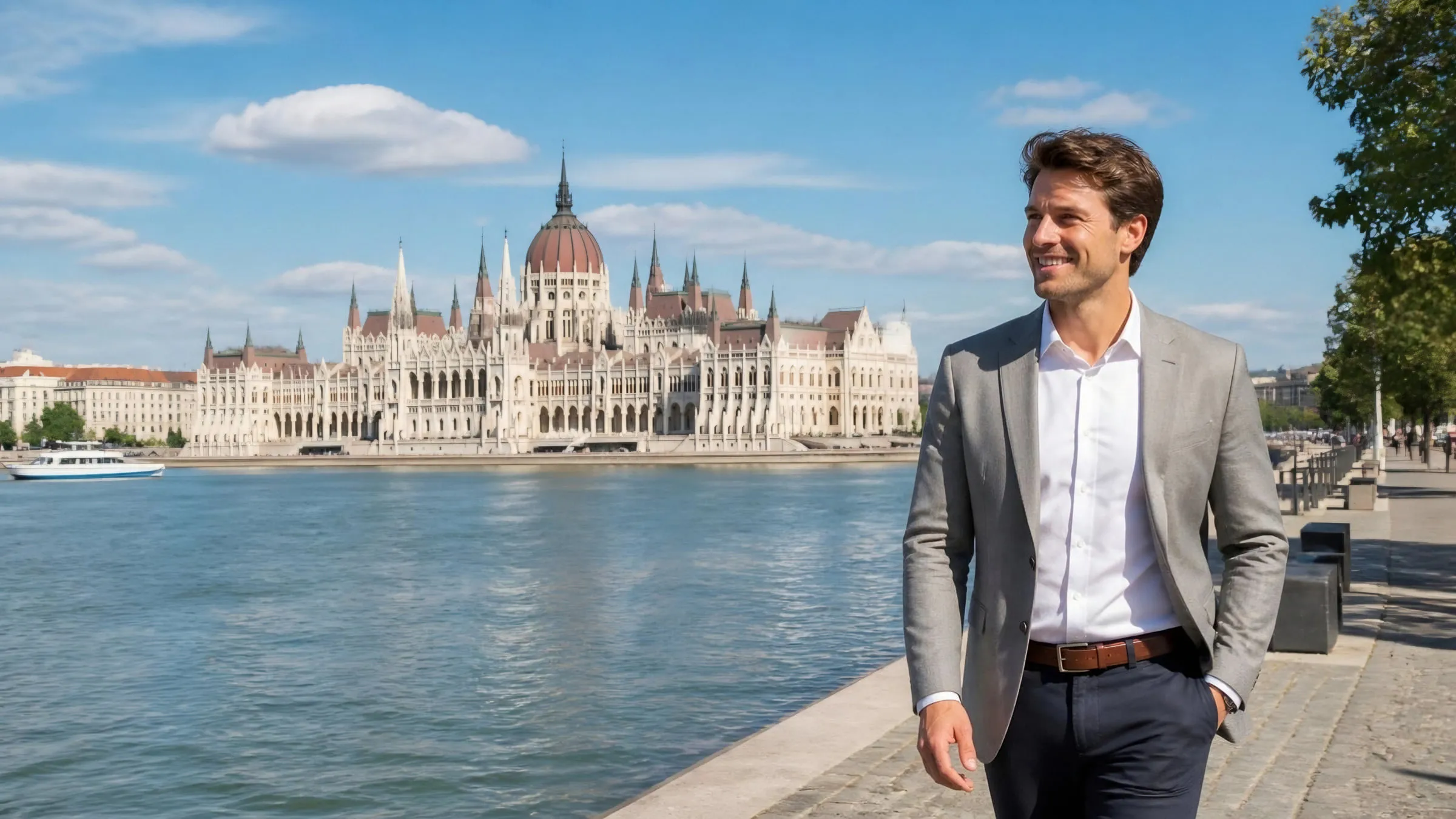 A young professional walking along the Danube opposite the Hungarian Parliament in Budapest