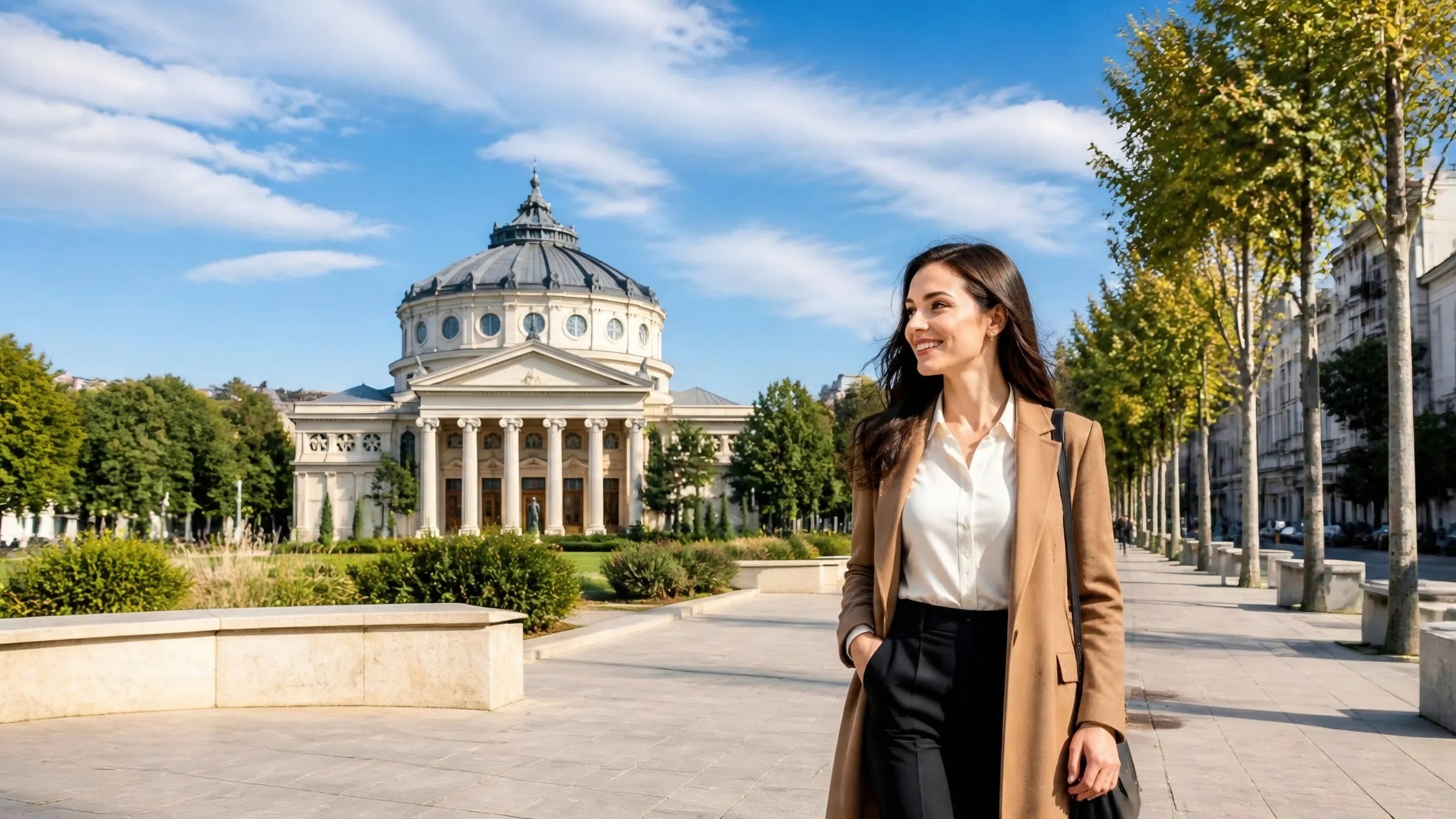 A young professional woman walking past the Romanian Athenaeum in Bucharest