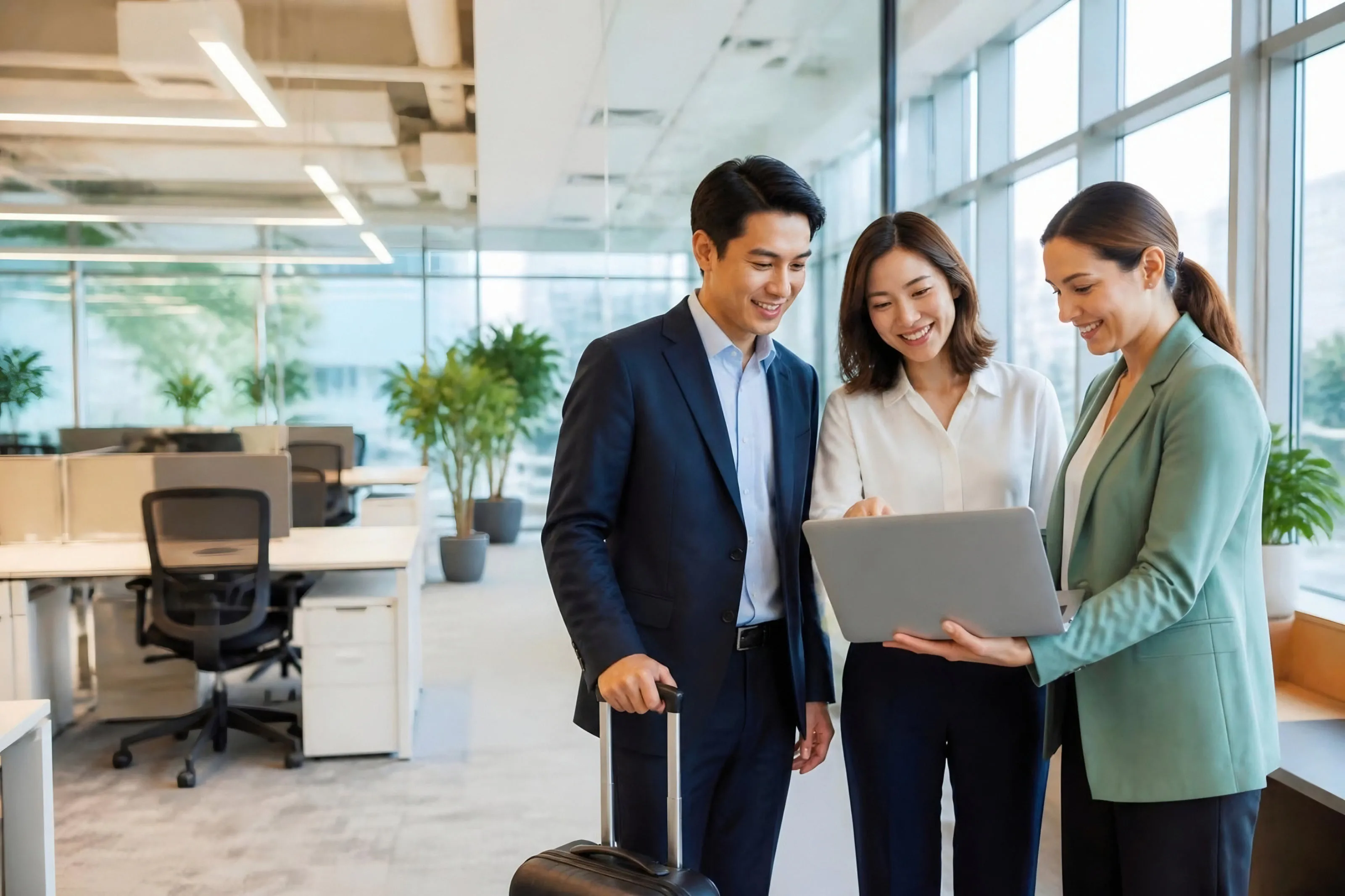 An HR manager and a relocation consultant planning an employee transfer with a colleague in a bright office