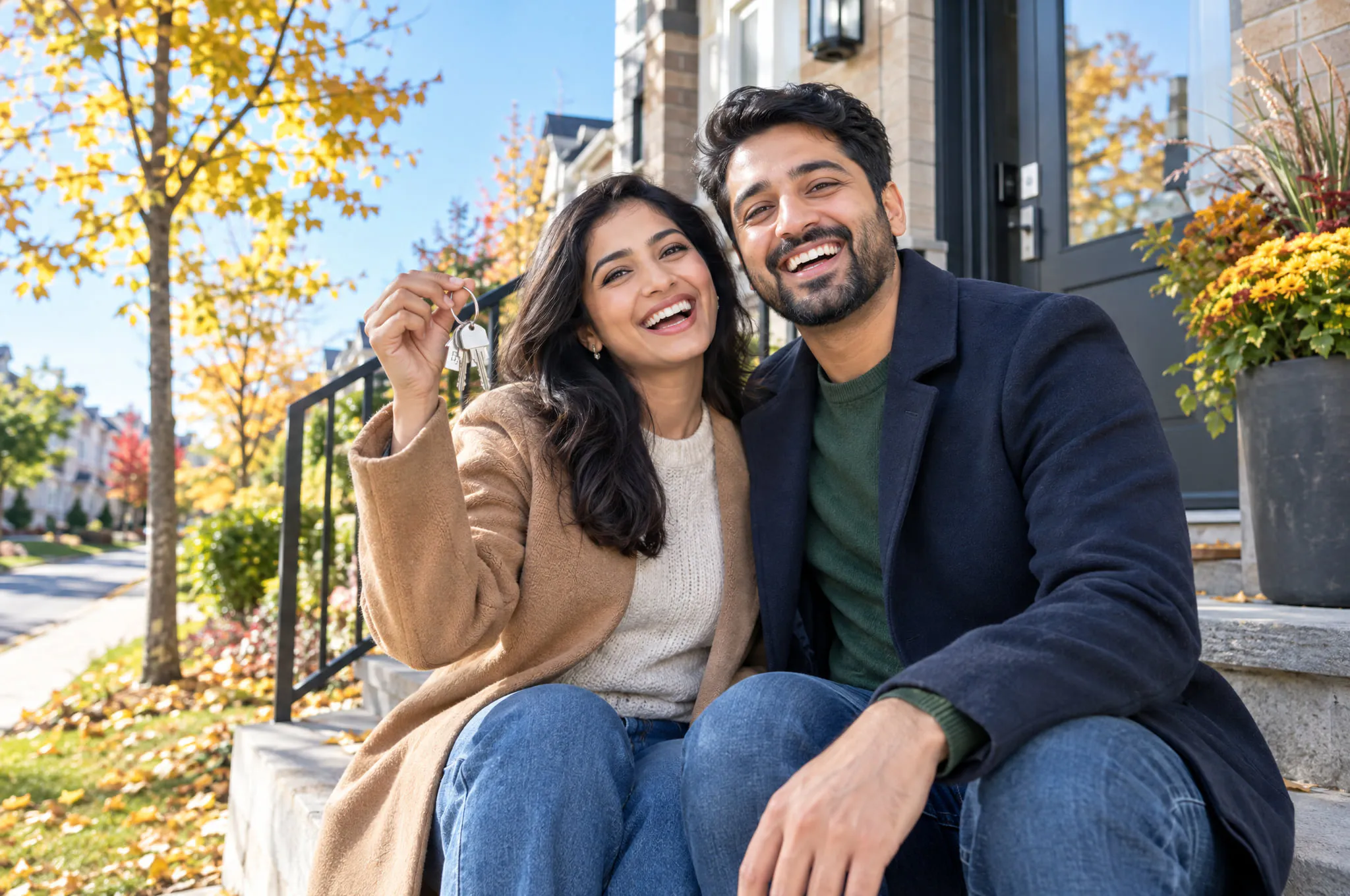 A couple holding the keys to their new home on the front steps