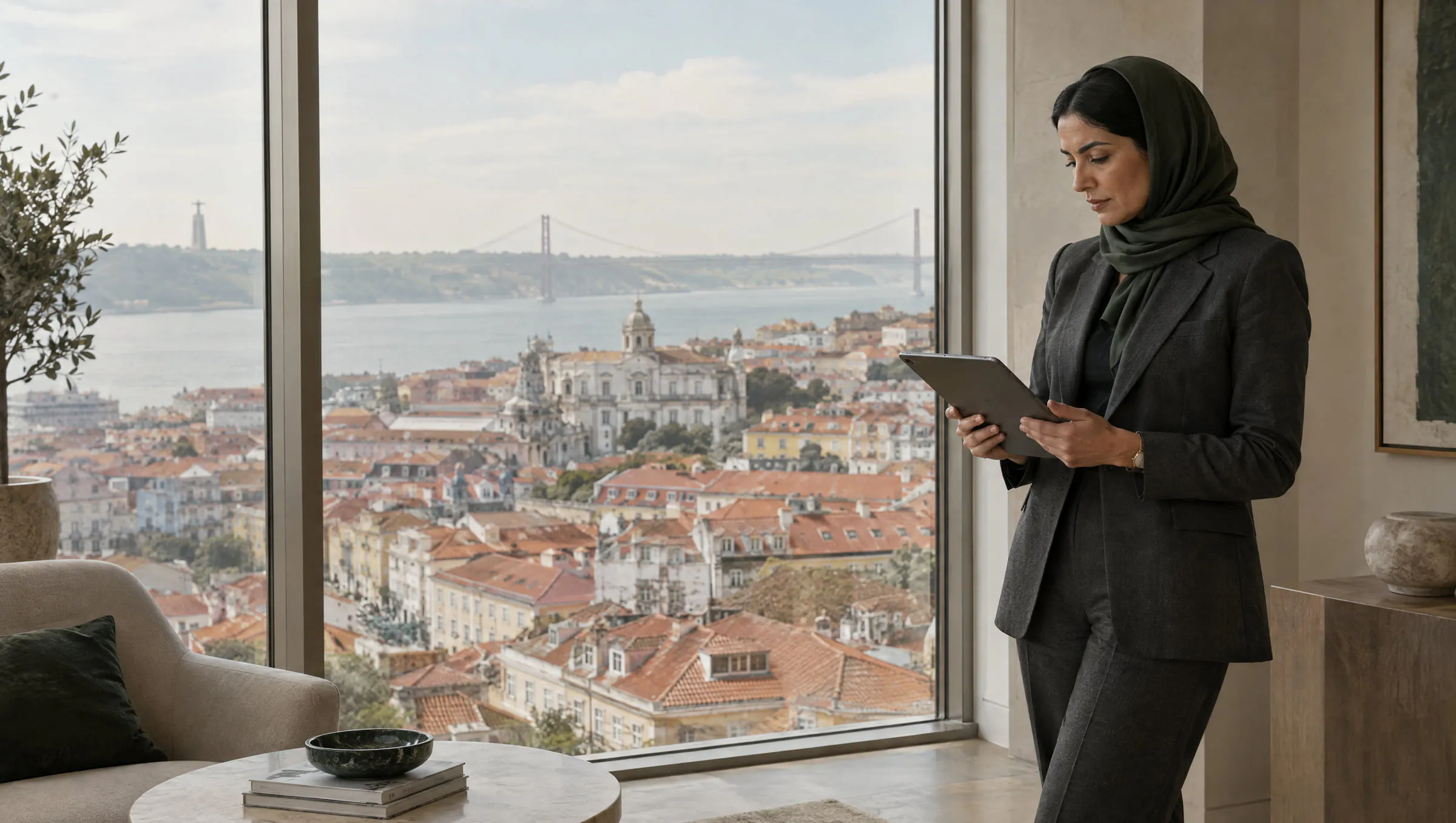 A businesswoman reviewing notes by an office window overlooking Lisbon