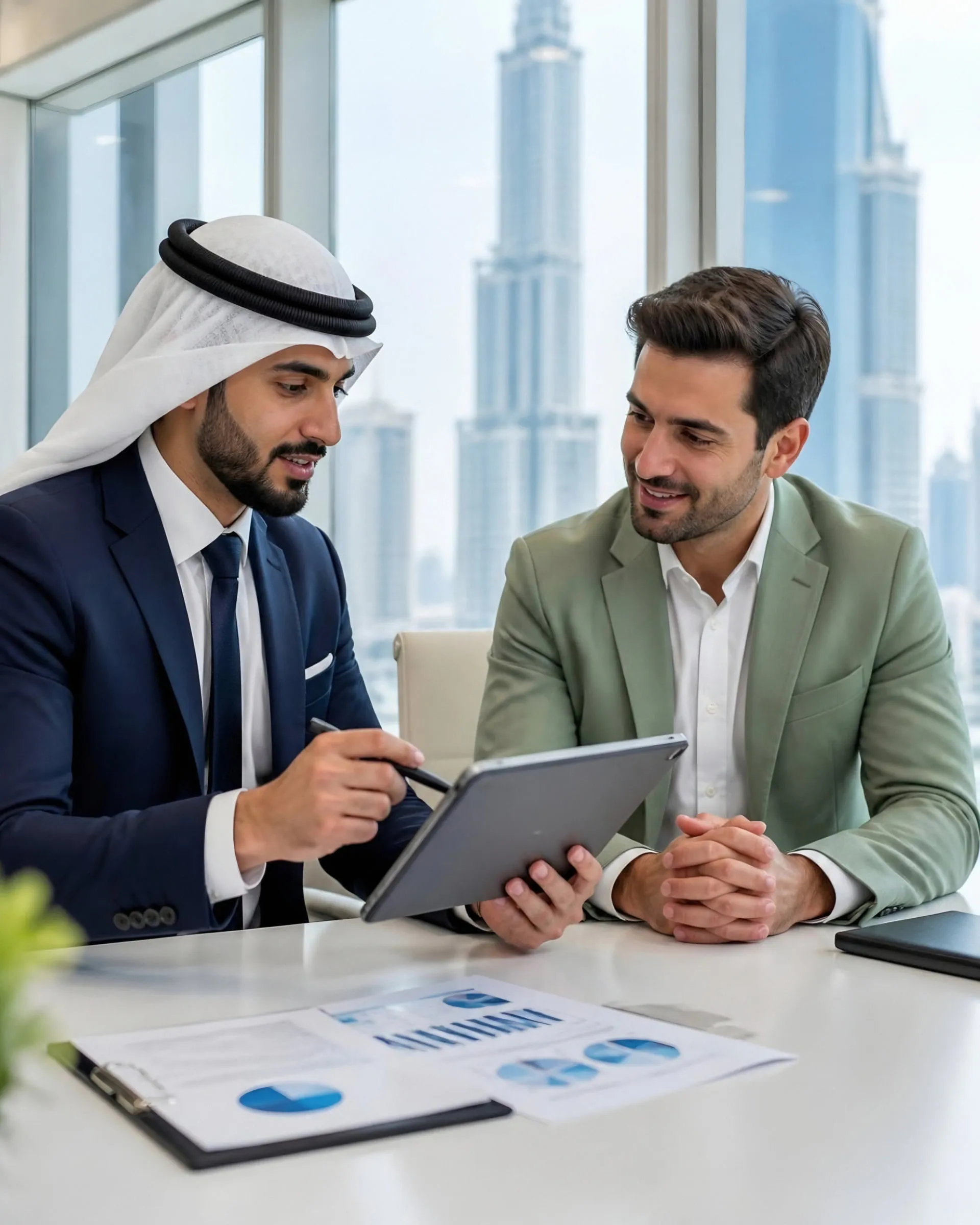 An entrepreneur presenting a business plan on a tablet to a consultant