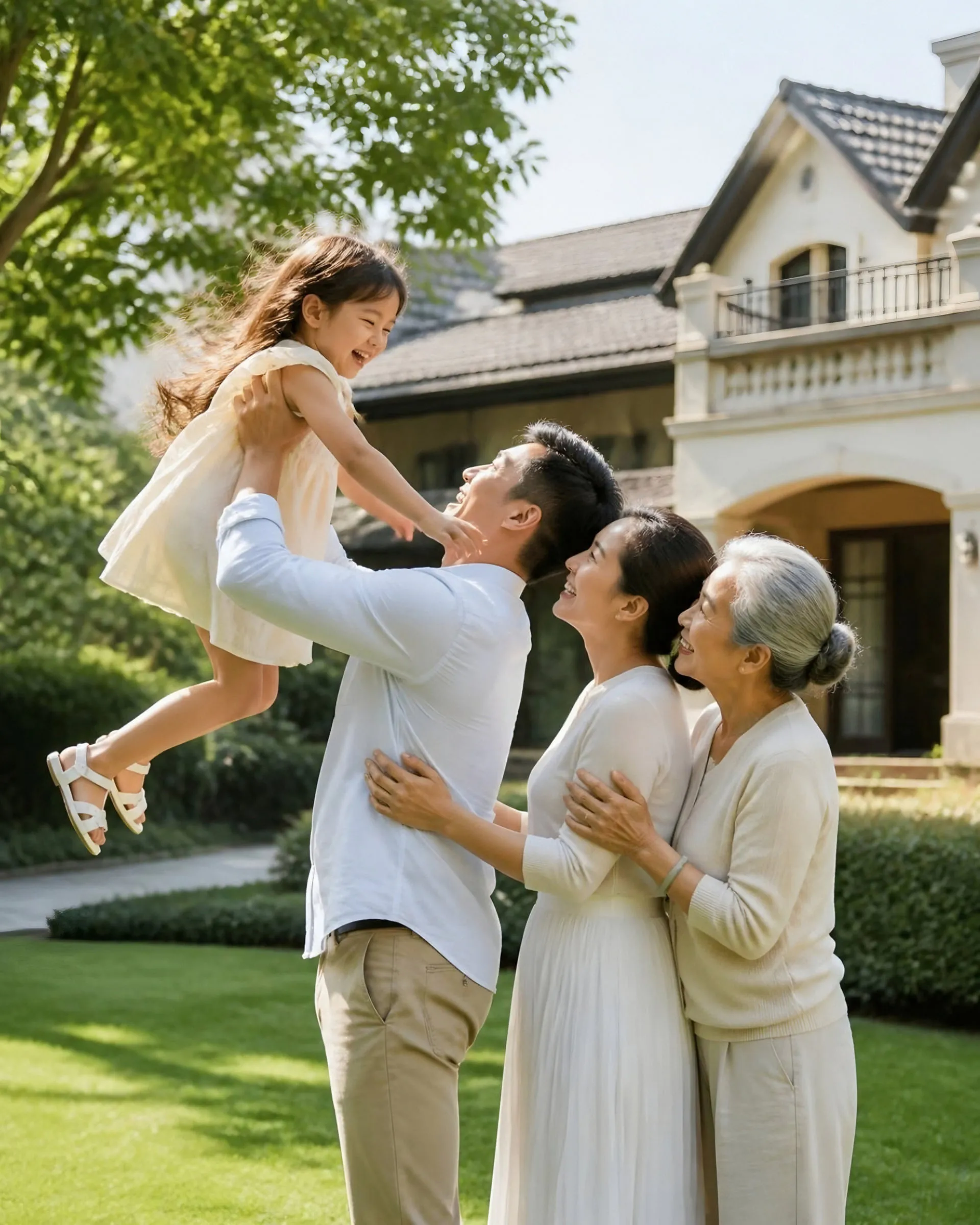 A family reunited in the garden of their new home abroad