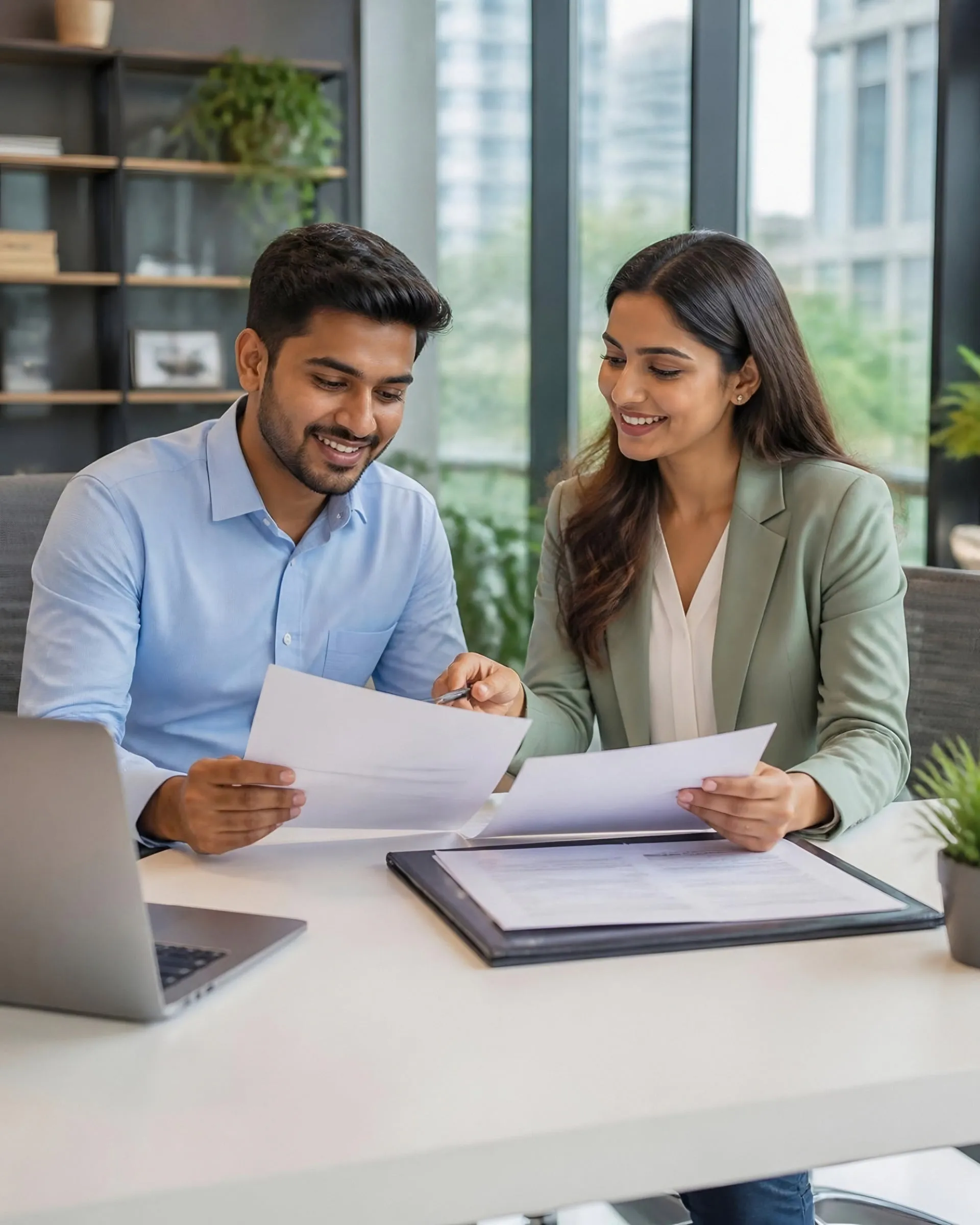An engineer reviewing his skills assessment documents with a consultant