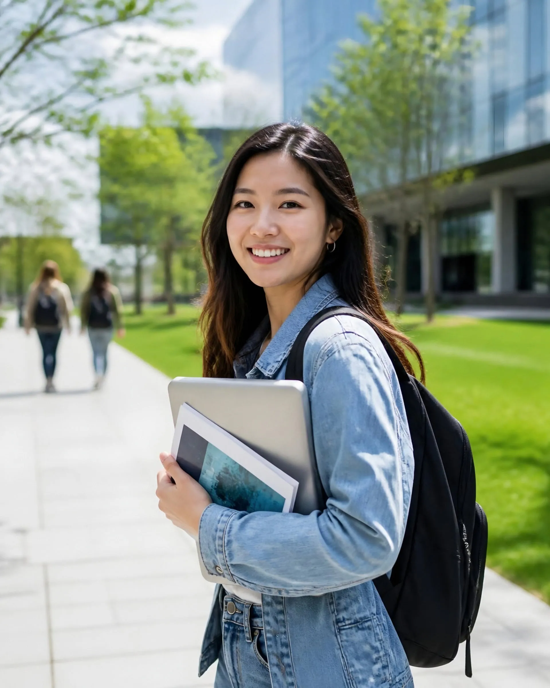 An international student with a laptop and brochures on a university campus