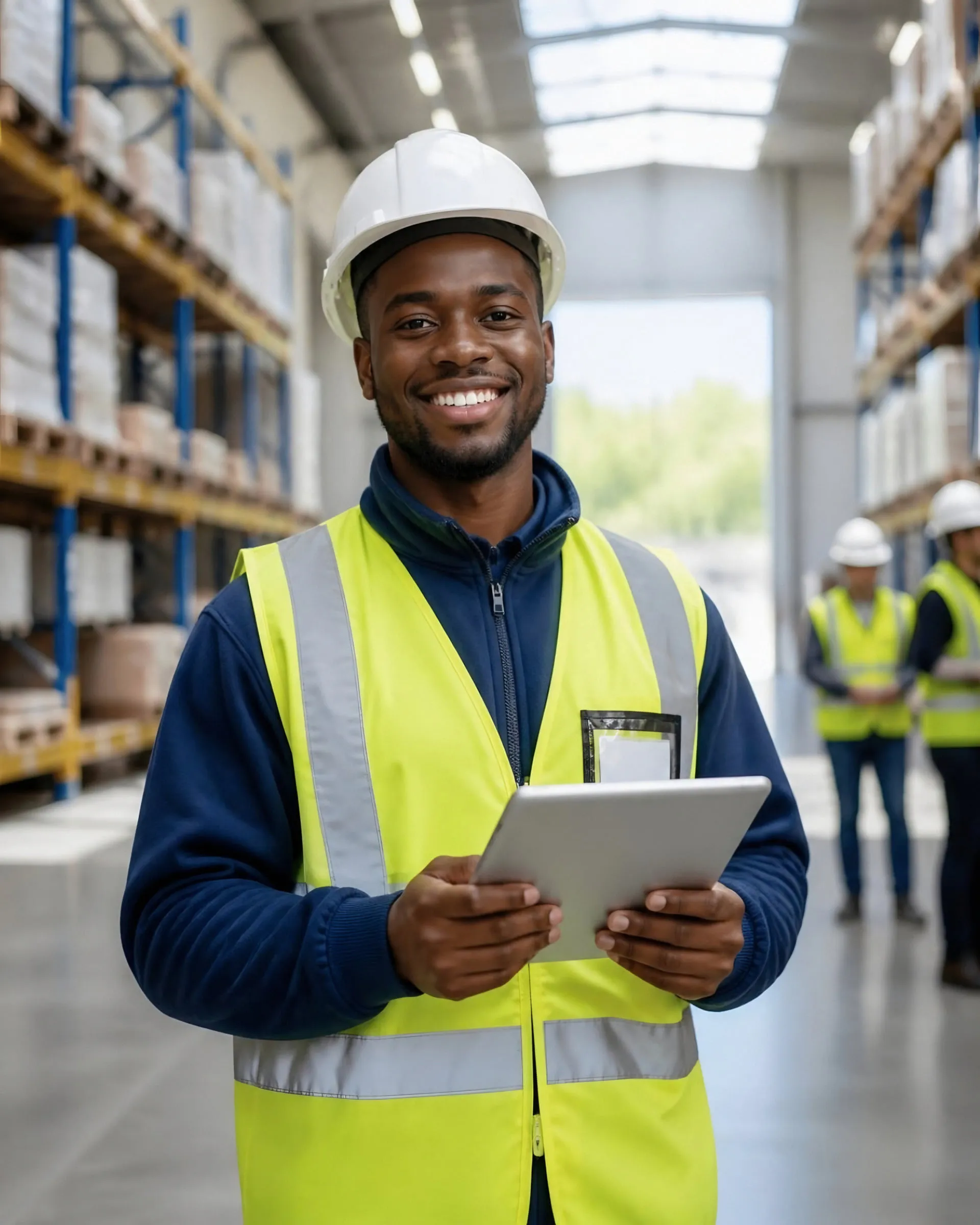 A logistics worker in a hi-vis vest holding a tablet in a warehouse