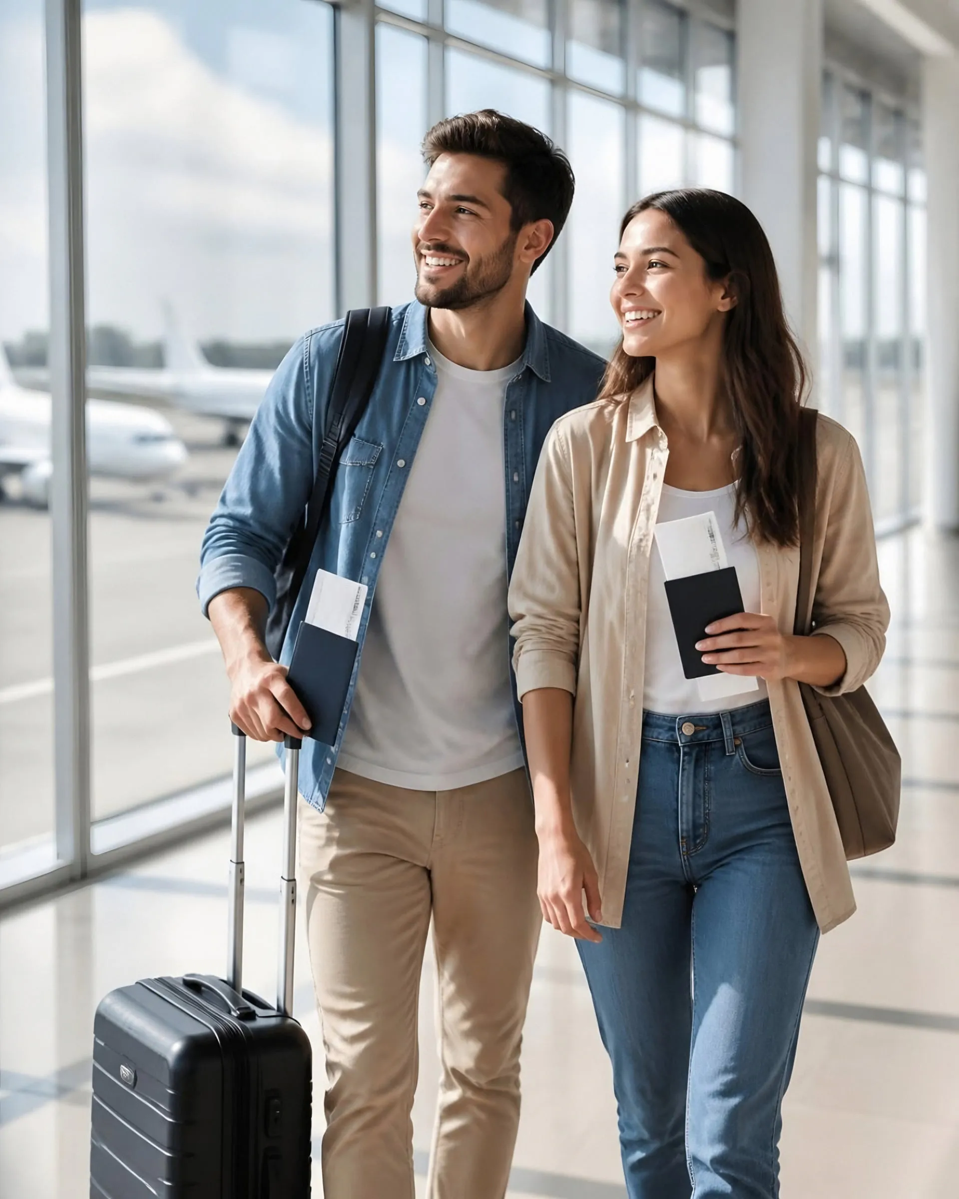 A couple with a suitcase and boarding passes walking through an airport terminal