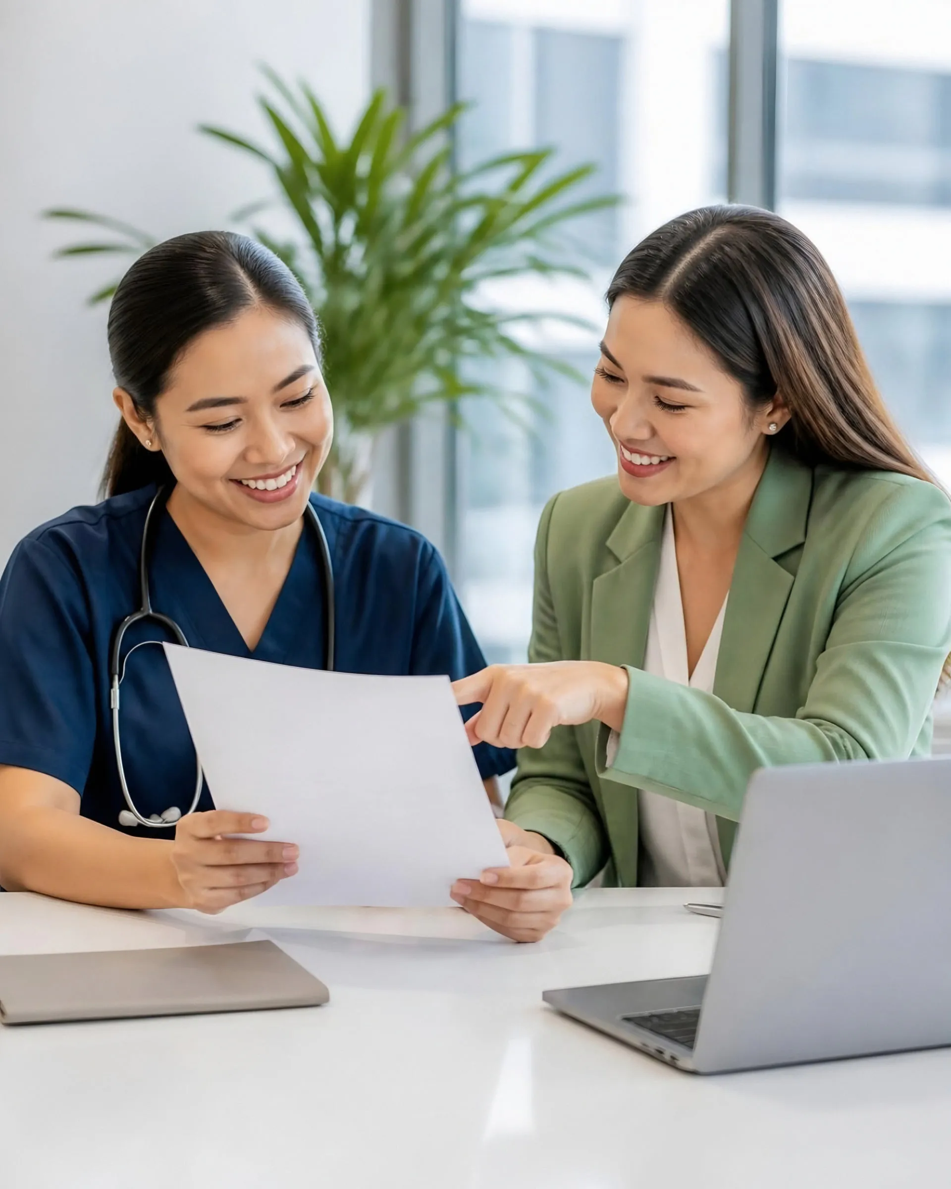 A nurse reviewing a job offer letter with a consultant