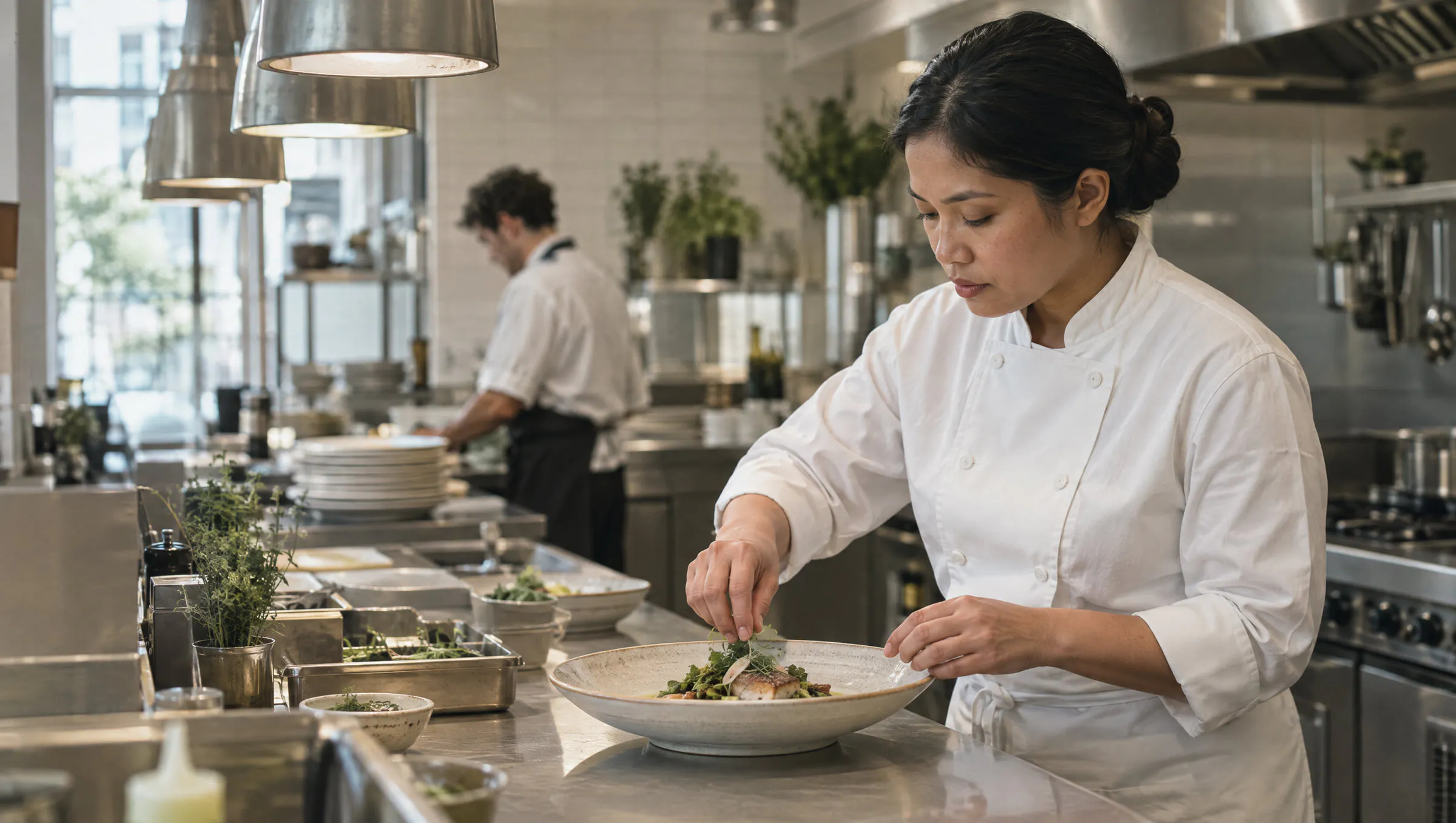 A chef plating a dish in a modern European restaurant kitchen