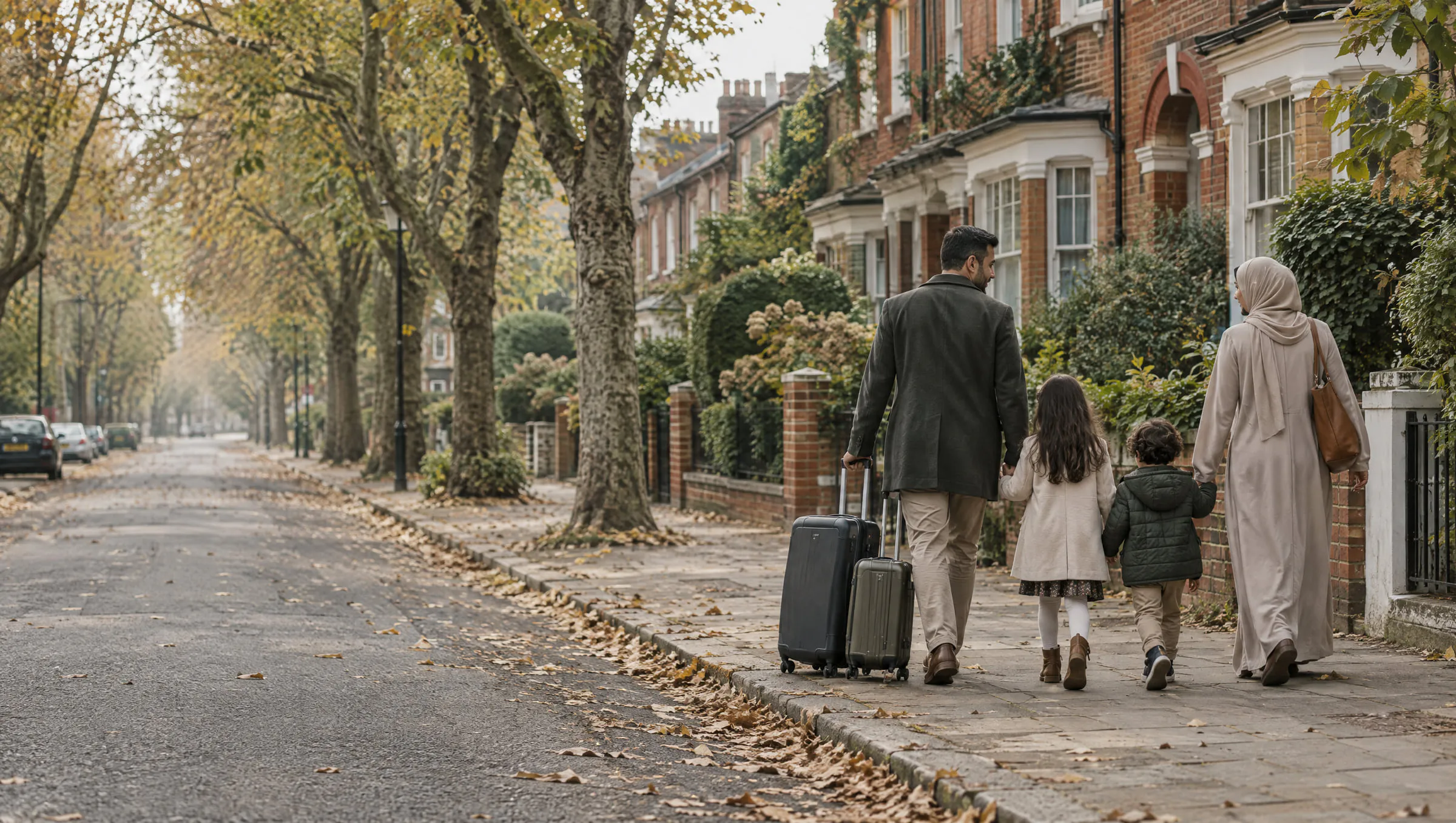 An Arab family walking along a brick street with their suitcases